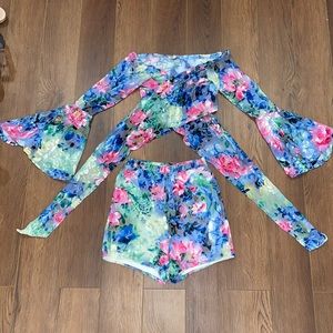 Fashion nova colorful two piece velvet off the shoulder outfit with bell sleeves